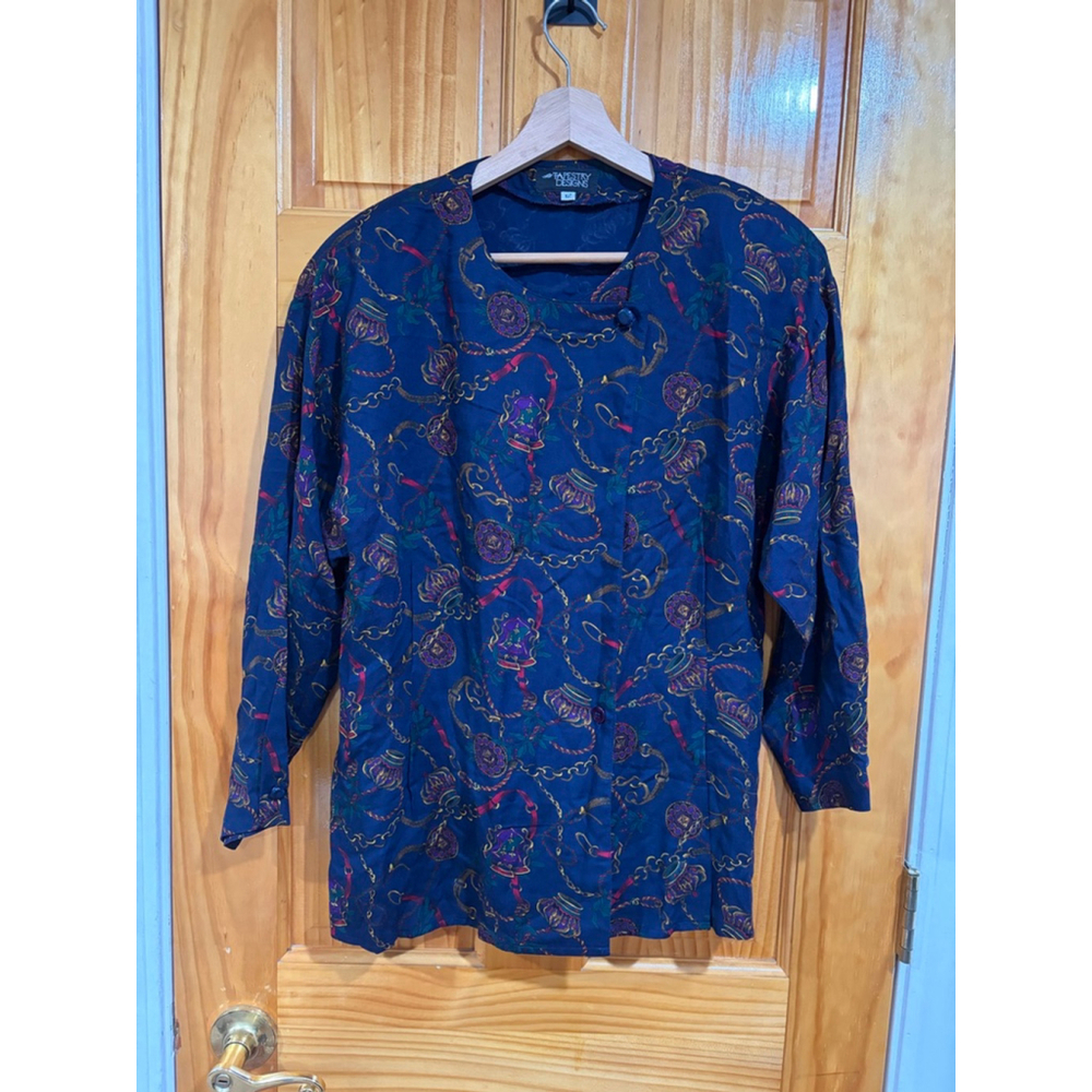 VINTAGE TAPESTRY DESIGNS Navy Equestrian Chain Print Button Blouse Top Size 12